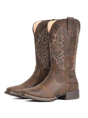 Women's Square Toe Mid Calf Western Cowboy Boots Faux Leather Pull On